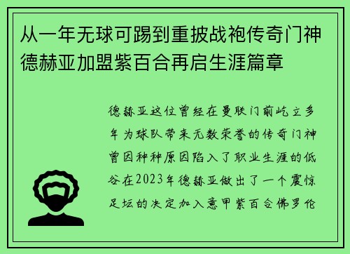 从一年无球可踢到重披战袍传奇门神德赫亚加盟紫百合再启生涯篇章